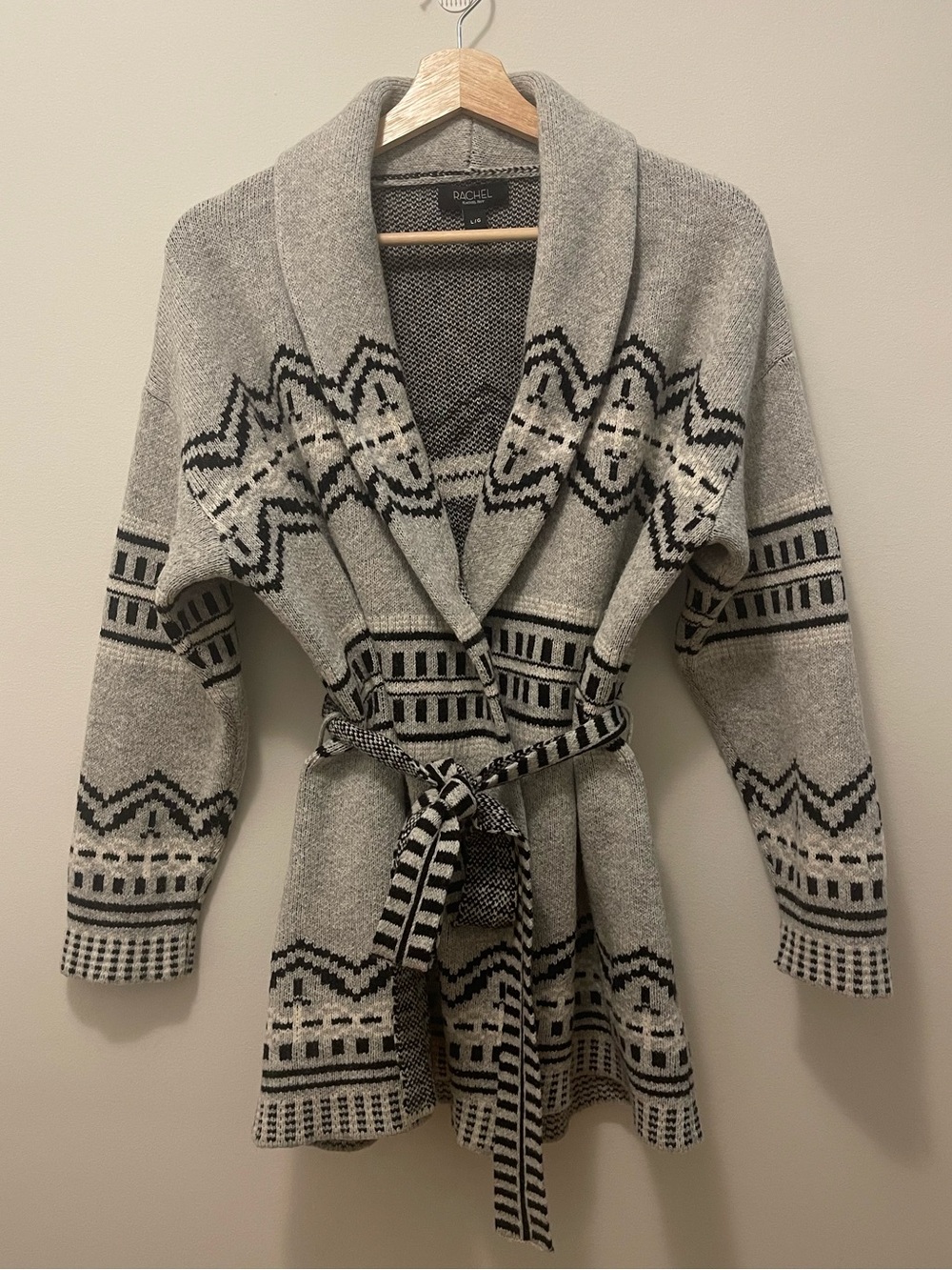 RACHEL Rachel Roy Gray and Black Patterned Shawl-Collar Belted Cardigan